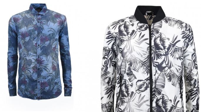 Le stampe tropical sui capi Clayton: il brand moda scommette molto sul gusto green a effetto.