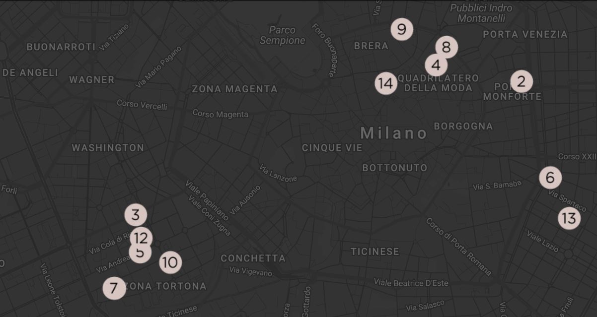 La mappa degli atelier aperti a Milano. Concentrazione in zona Tortona, Quadrilatero e via Spartaco.