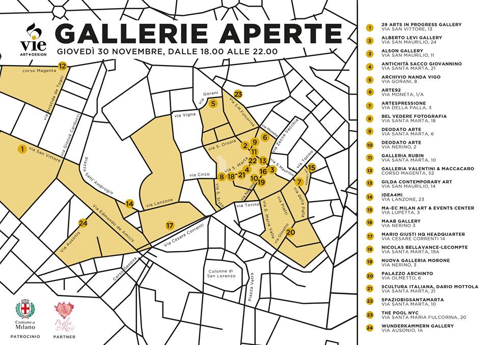 La mappa delle gallerie aderenti all'happening delle 5Vie di Milano.